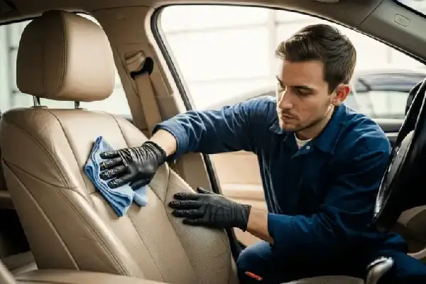 Technician performing automotive interior repair on a leather car seat, cleaning and restoring worn leather upholstery to improve its appearance and durability in Jacksonville, FL.