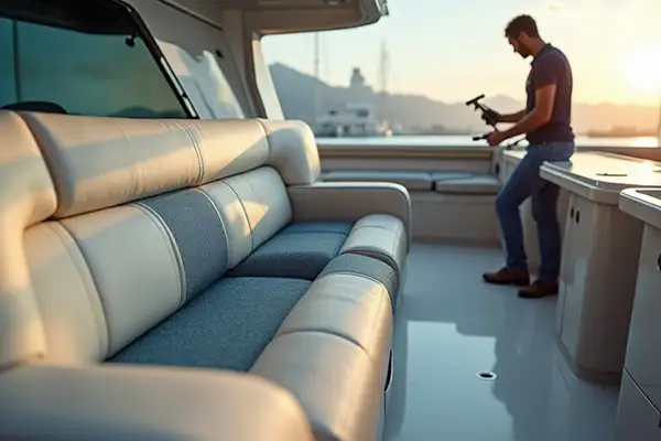 Professional marine technician working on custom leather and vinyl seating interior on a luxury boat deck – LaV REPAIR boat upholstery services Jacksonville, FL