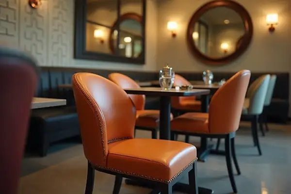Restored cognac leather dining chairs and upholstered booth seating inside a modern restaurant dining room – LaV REPAIR commercial furniture restoration Jacksonville, FL