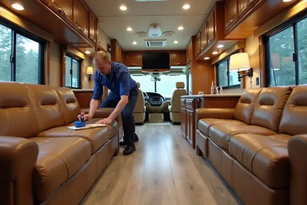 Professional technician inspecting and repairing luxury tan leather sofa cushions inside a motorhome interior – LaV REPAIR RV upholstery service